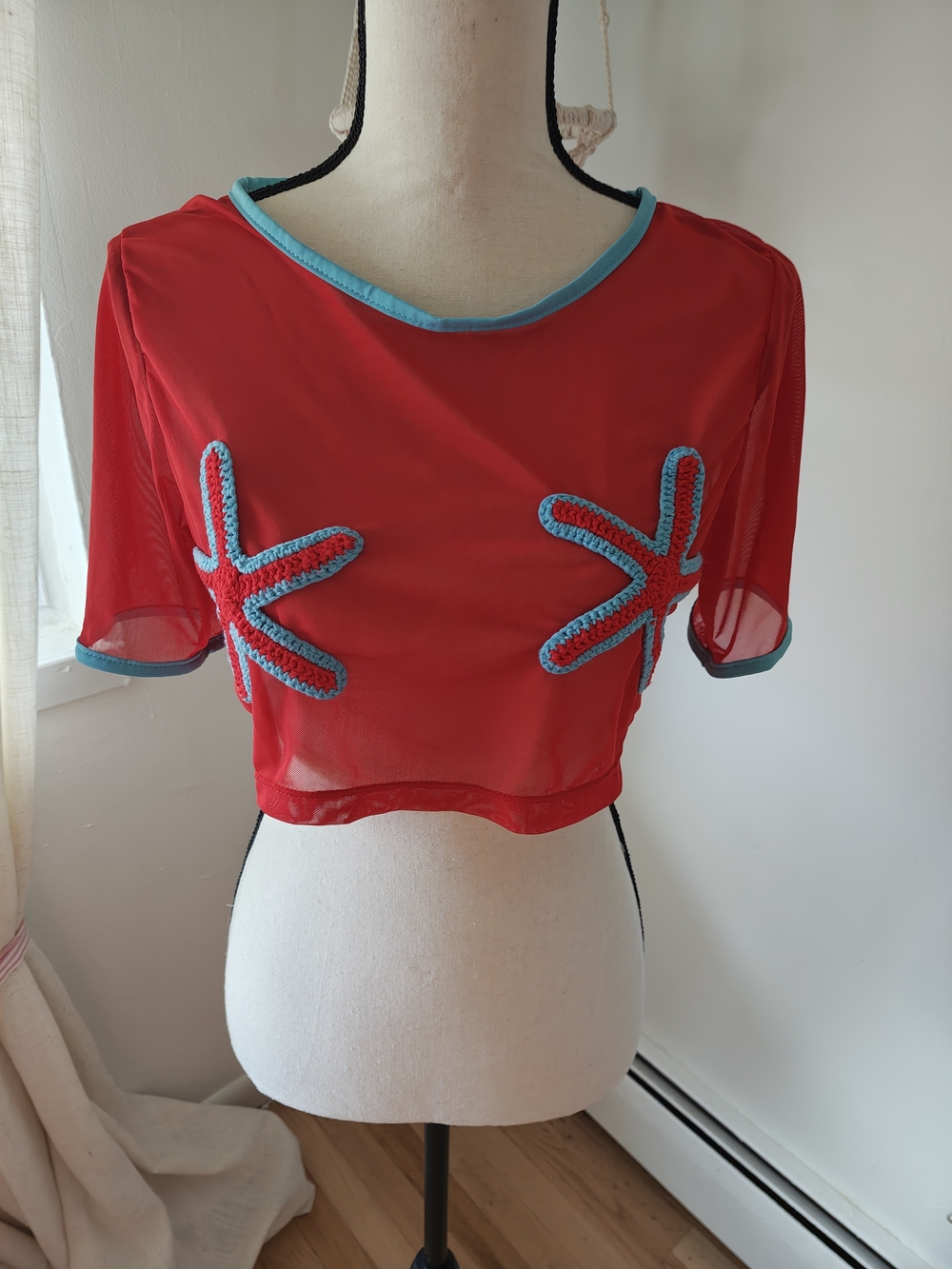 Red Sheer Crop Top with Blue Trim